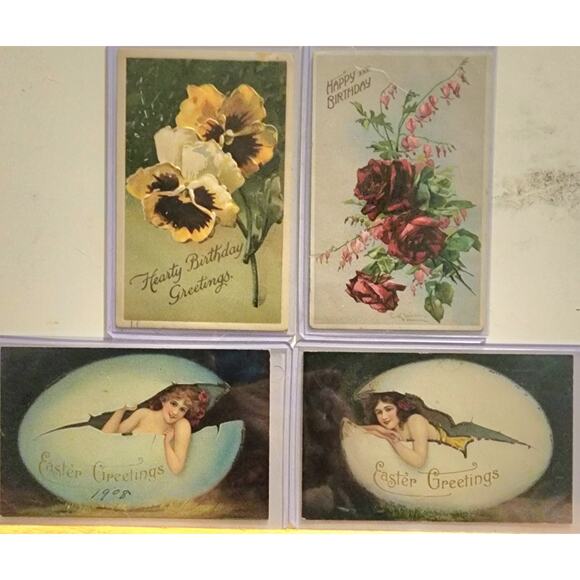Lot Of Four Vintage Antique Embossed Postcards Flowers Birthday Easter - Picture 1 of 9